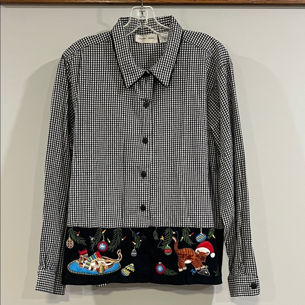 Lemon Grass - XL, Black and White Checkered Shirt Embroidery, Kitties‎